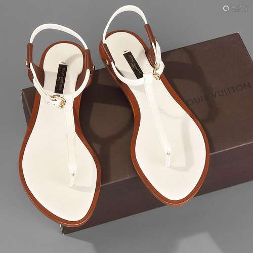 Louis VUITTON, Spartiates tongs en cuir marron et blanc crèm...