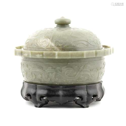 LARGE CHINESE JADE LIDDED CENSER ON STAND