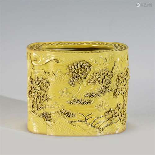 QING QIANLONG YELLOW GLAZE CARVED PORCELAIN BRUSH POT