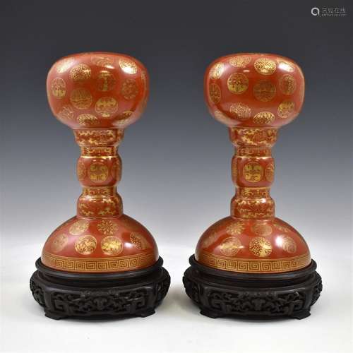 PAIR QIANLONG GILT MEDALLIONS RED HAT STANDS