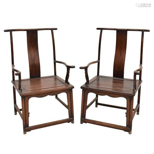 PAIR ANTIQUE CHINESE HUANGHUALI OFICCER HAT ARMCHAIRS