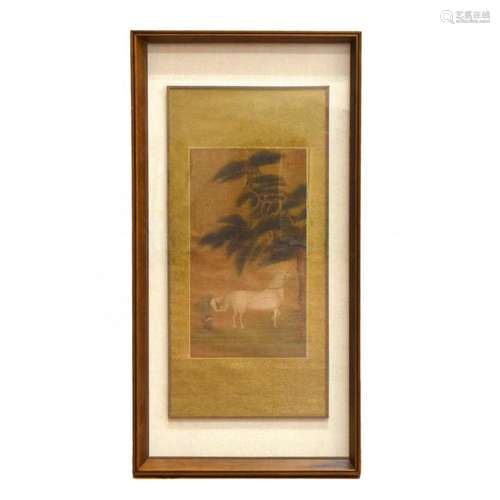 FRAMED SILK PAINTING OF HORSE BENEATH PINE TREE