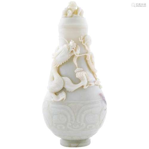 WHITE JADE CARVED DRAGON LIDDED VASE