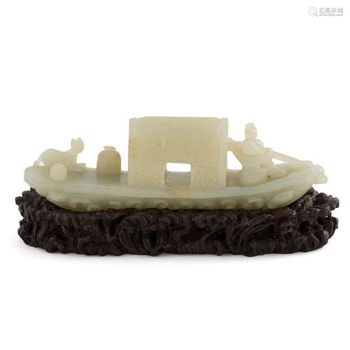 CARVED WHITE JADE IN SHAPE OF FIGURES ON BOAT