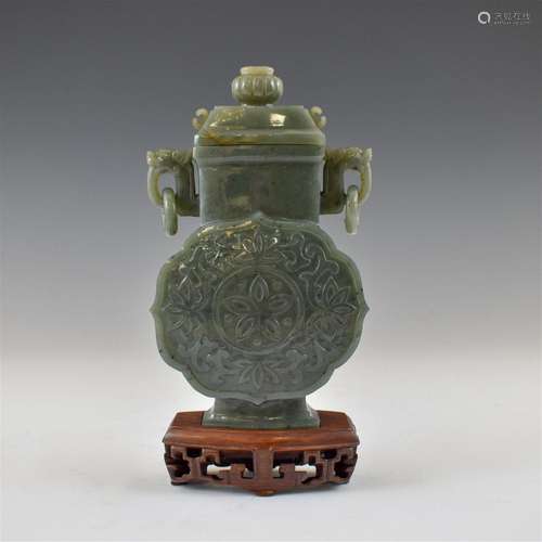 GREEN JADE LIDDED VASE ON STAND