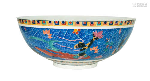七十年代  釉中彩藍底飛天薄胎碗
