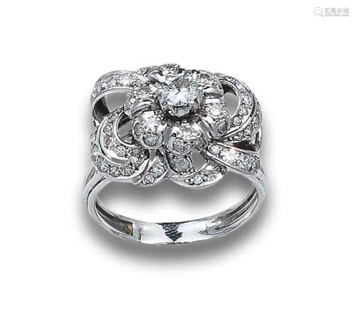 FLOWER RING, 60`S, DIAMONDS AND PLATINUM