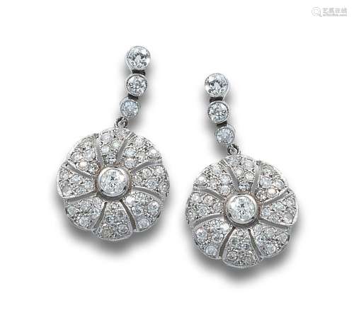 ROSETTE EARRINGS, OLD STYLE, PLATINUM AND DIAMONDS