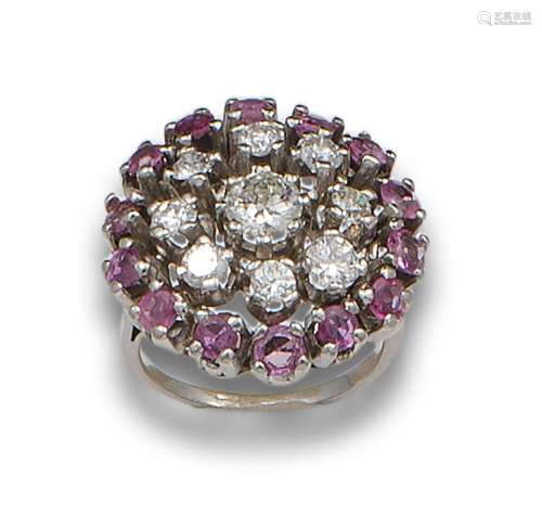 ANTIQUE ROSETTE RING WITH DIAMONDS, SYNTHETIC RUBIES AND PLA...