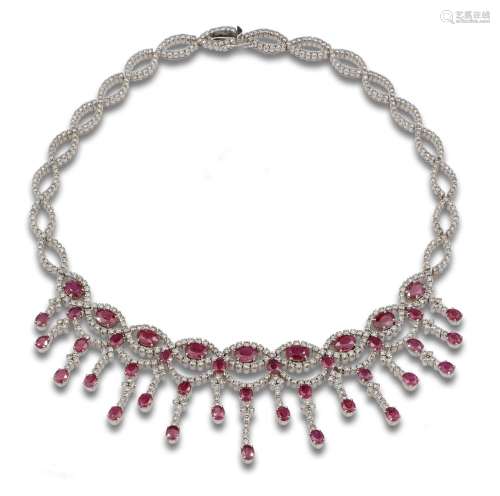 RUBY, DIAMONDS AND WHITE GOLD NECKLACE