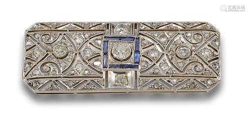 ART DECO PLATE BROOCH WITH DIAMONDS, SYNTHETIC SAPPHIRES, GO...