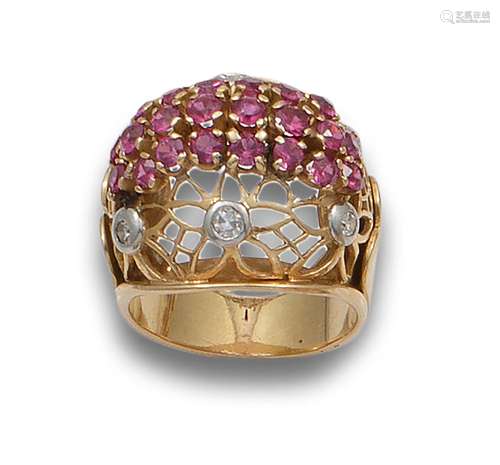 RING, 40`S, DIAMONDS AND SYNTHETIC RUBIES