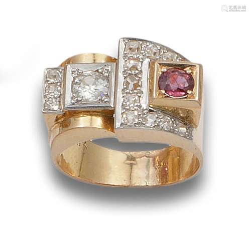 CHEVALIER RING, 1940S, DIAMONDS, SYNTHETIC RUBY, GOLD AND PL...