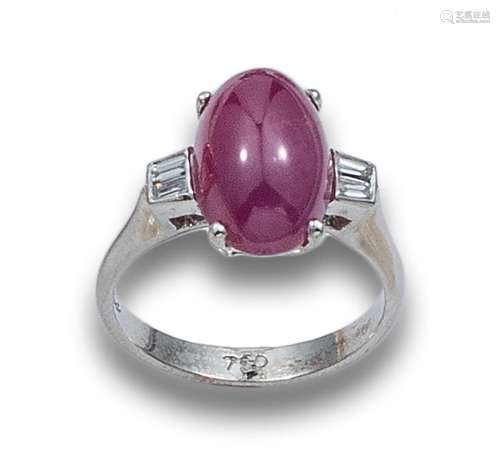 RUBY CABOCHON RING, ESTIMATED AT 8.25 CT. AND DIAMONDS, IN W...