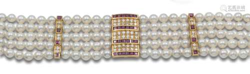 CULTURED PEARLS, DIAMONDS, RUBIES AND YELLOW GOLD BRACELET