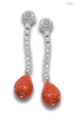 LONG CORAL, DIAMONDS AND WHITE GOLD EARRINGS