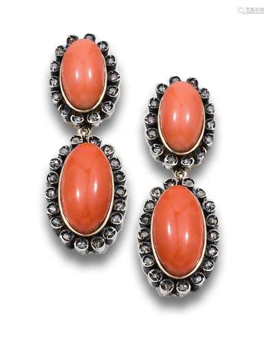 LONG EARRINGS, OLD STYLE, CORAL, DIAMONDS, GOLD AND SILVER V...