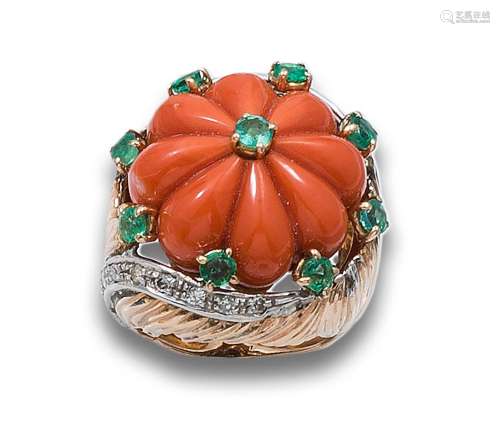 LARGE BOMBÉ RING, ANTIQUE STYLE, CORAL, DIAMONDS AND EMERALD...
