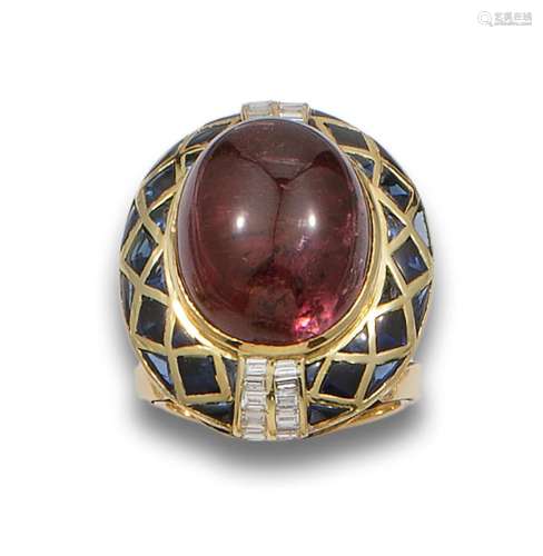 LARGE BOMBÉ RING IN TOURMALINE CABOCHON, DIAMONDS, SAPPHIRES...