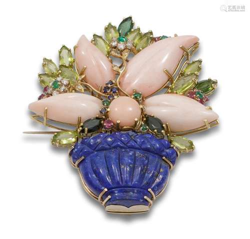 LARGE FLOWER CORAL, LAPISLAZULI, PERIDOT AND DIAMONDS BROOCH...