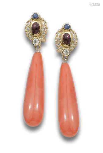 LONG CORAL, DIAMONDS, RUBIES AND SAPPHIRES EARRINGS