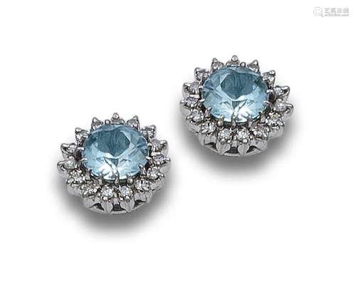 BLUE TOPAZ AND DIAMONDS ROSETTE EARRINGS, IN WHITE GOLD