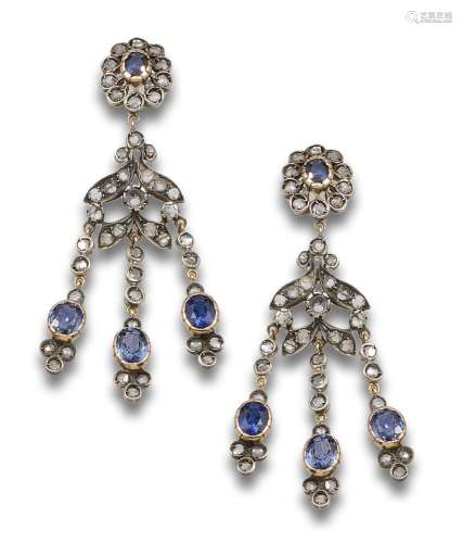 LONG EARRINGS, OLD STYLE, DIAMONDS, SAPPHIRES, GOLD AND SILV...