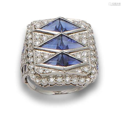 RING, ART DECO STYLE, DIAMONDS, SYNTHETIC SAPPHIRES AND PLAT...