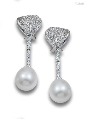 LONG DIAMONDS AND AUSTRALIAN PEARLS EARRINGS, IN WHITE GOLD