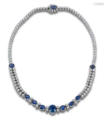 SAPPHIRES AND DIAMONDS NECKLACE, IN WHITE GOLD SETTING
