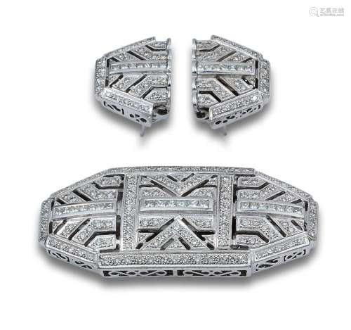EARRINGS AND BROOCH SET, ART DECO STYLE, DIAMONDS AND WHITE ...