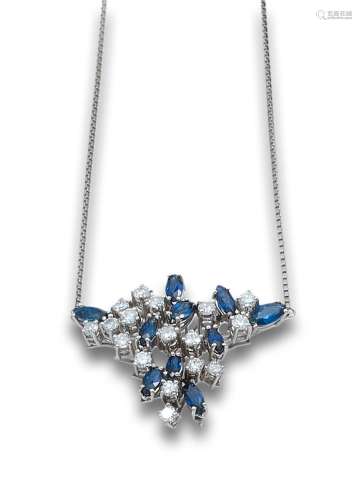 PENDANT, 60`S, DIAMONDS, SAPPHIRES AND PLATINUM