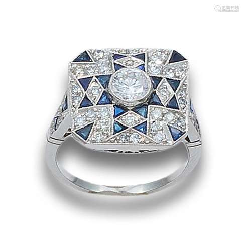 SQUARE RING, ART DECO STYLE, DIAMONDS, SAPPHIRES AND PLATINU...