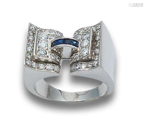 CHEVALIER RING, 40`S, DIAMONDS, SYNTHETIC SAPPHIRES AND PLAT...