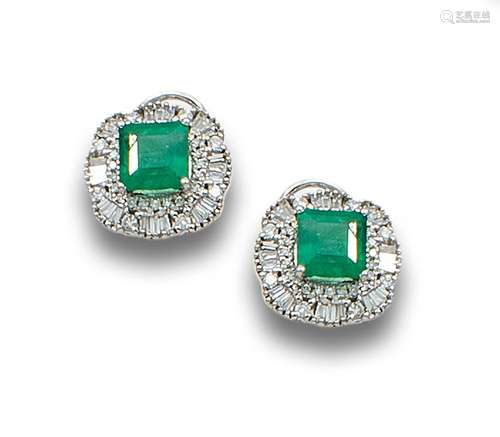 DIAMONDS, EMERALD AND WHITE GOLD ROSETTE EARRINGS