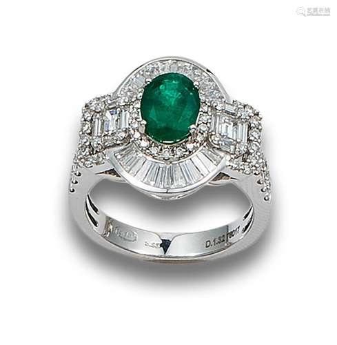 RING, ART DECO STYLE, EMERALD, DIAMONDS AND WHITE GOLD