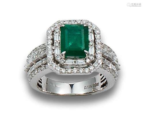 RING WITH CENTRAL EMERALD AND DIAMOND EDGE, IN WHITE GOLD