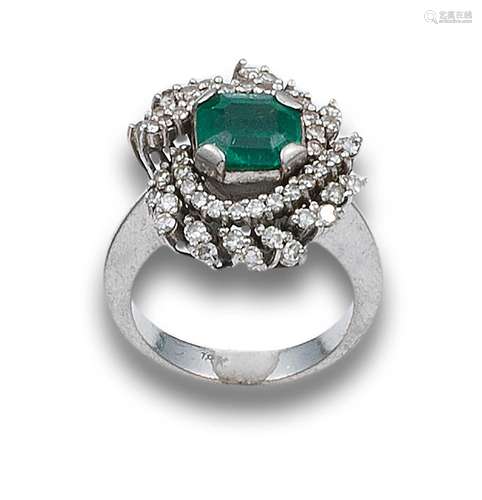 ROSETTON RING, 70`S, CENTRAL EMERALD AND DIAMONDS, WHITE GOL...