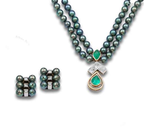 PEARL, DIAMONDS AND EMERALD NECKLACE SET