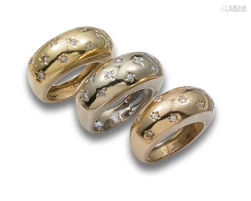 LOT OF THREE QBOMBÉ RINGS WITH DIAMOND AND THREE GOLD