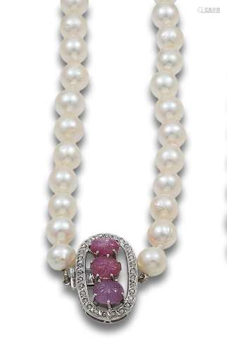 CULTURED PEARL NECKLACE WITH WHITE GOLD, DIAMONDS AND RUBIES...