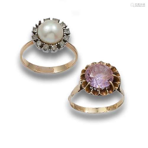 LOT OF TWO ANTIQUE RINGS OF ROSE OF FRANCE AND PEARL, IN YEL...