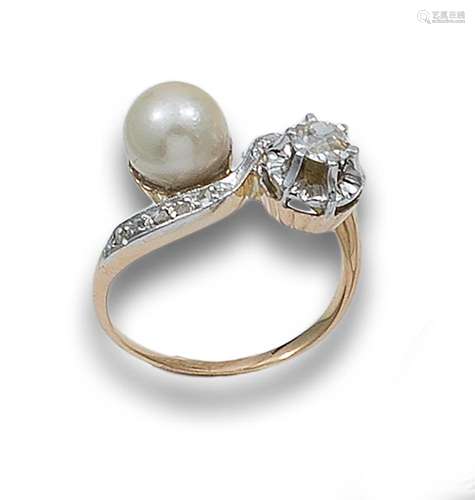 ANTIQUE YOU AND ME RING OF DIAMONDS, CULTURED PEARL AND GOLD...