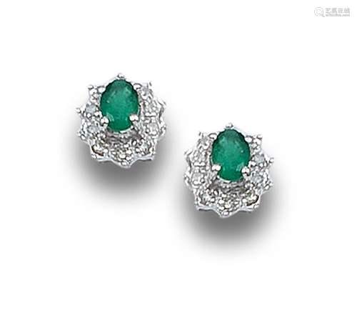 EMERALD, DIAMOND AND WHITE GOLD ROSETTE EARRINGS