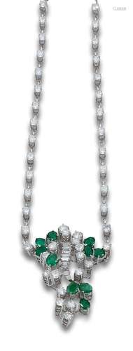 DIAMONDS, EMERALDS AND WHITE GOLD PENDANT