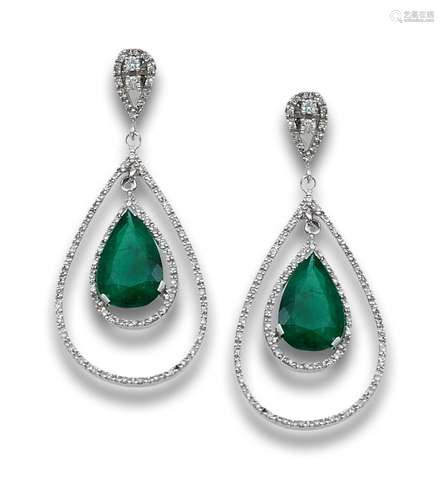 LONG EMERALD, DIAMOND AND WHITE GOLD EARRINGS