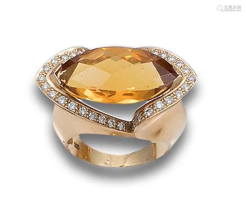 CITRINE TOPAZ, DIAMONDS AND YELLOW GOLD RING