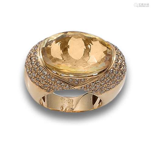 CITRINE, DIAMONDS AND YELLOW GOLD RING