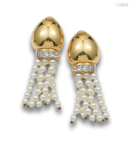 EARRINGS IN YELLOW GOLD, DIAMONDS AND PEARLS STRANDS