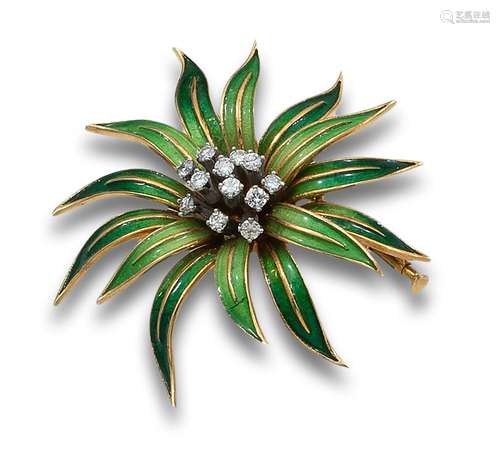 BROOCH, 1970s, ENAMEL FLOWER, DIAMONDS AND YELLOW GOLD